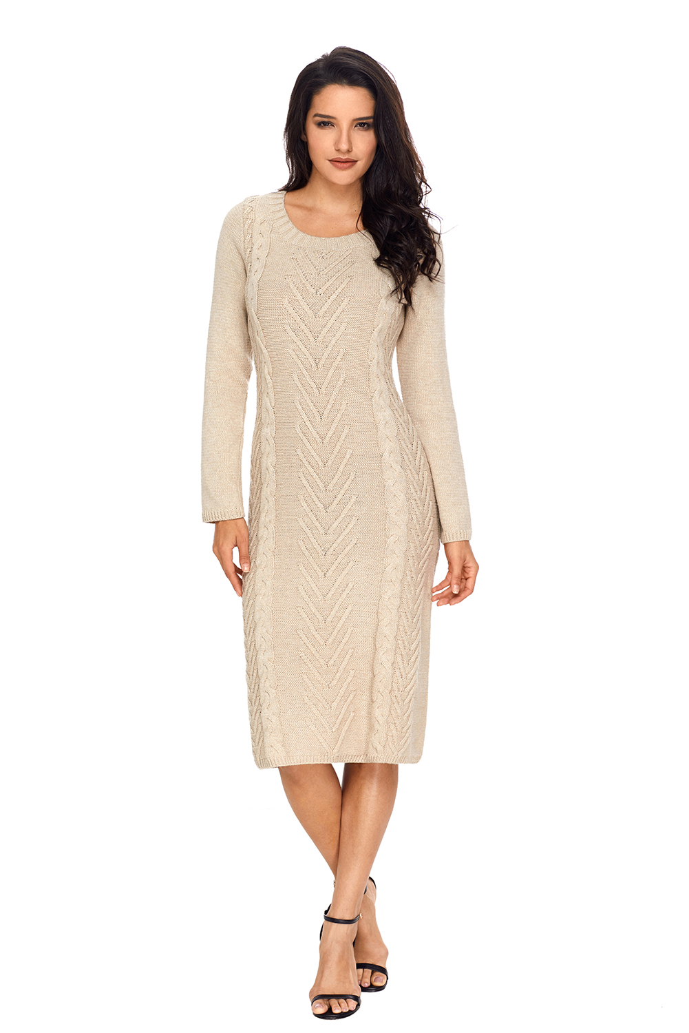 BY27772-16 Khaki Women’s Hand Knitted Sweater Dress